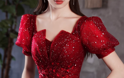 Charming Sparkle Rhinestone Beading Mesh Hem Puff Sleeve A-line Prom Dress AP0643