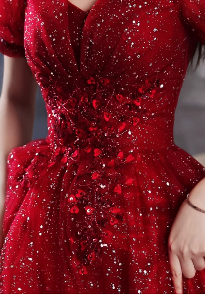 Charming Sparkle Rhinestone Beading Mesh Hem Puff Sleeve A-line Prom Dress AP0643