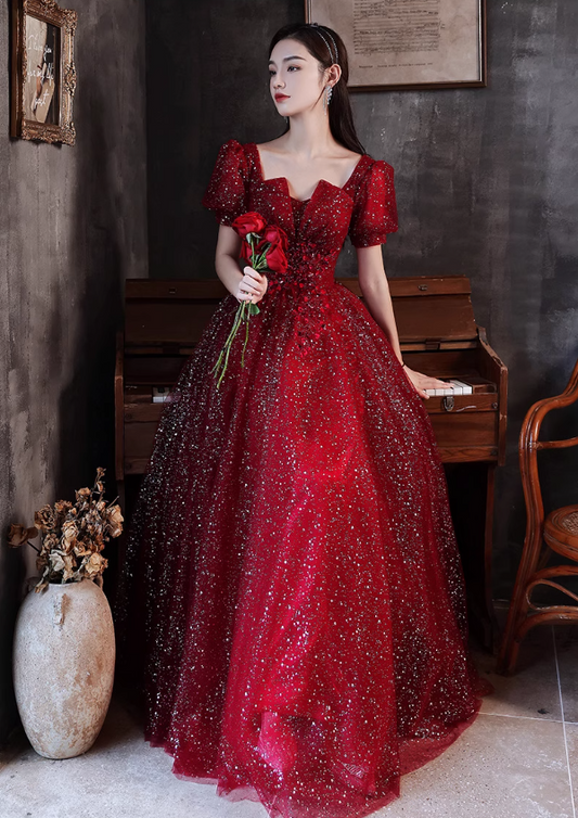 Charming Sparkle Rhinestone Beading Mesh Hem Puff Sleeve A-line Prom Dress AP0643