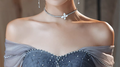 Elegant Tulle Hem Off-Shoulder Glitter Beading Evening Gowns A-line Prom Long Dress AP0644