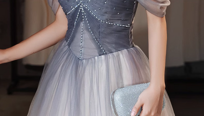 Elegant Tulle Hem Off-Shoulder Glitter Beading Evening Gowns A-line Prom Long Dress AP0644