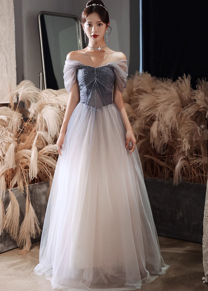 Elegant Tulle Hem Off-Shoulder Glitter Beading Evening Gowns A-line Prom Long Dress AP0644