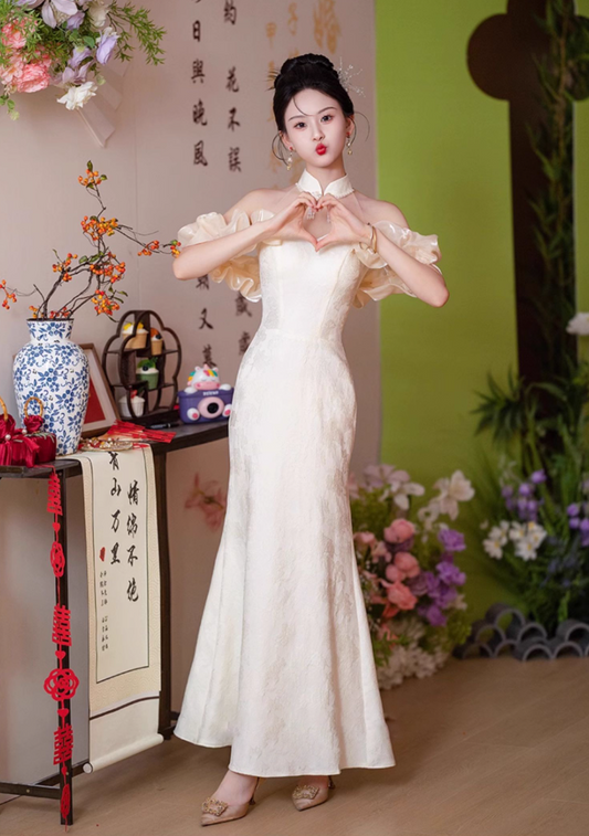 Socialite Style Tulle Splicing Off-Shoulder Evening Feast Strapless Bridesmaid Hugging Prom Dress AP0645