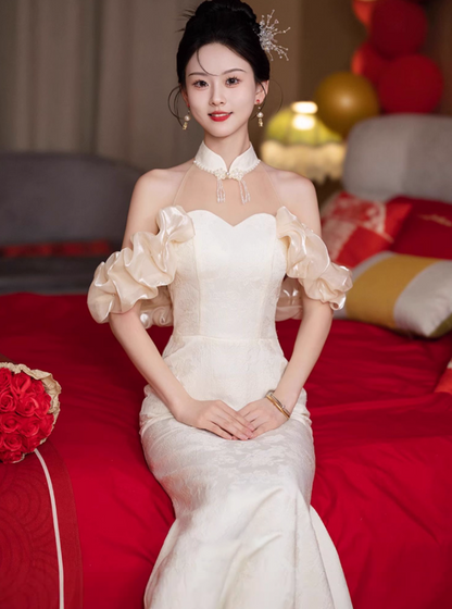 Socialite Style Tulle Splicing Off-Shoulder Evening Feast Strapless Bridesmaid Hugging Prom Dress AP0645