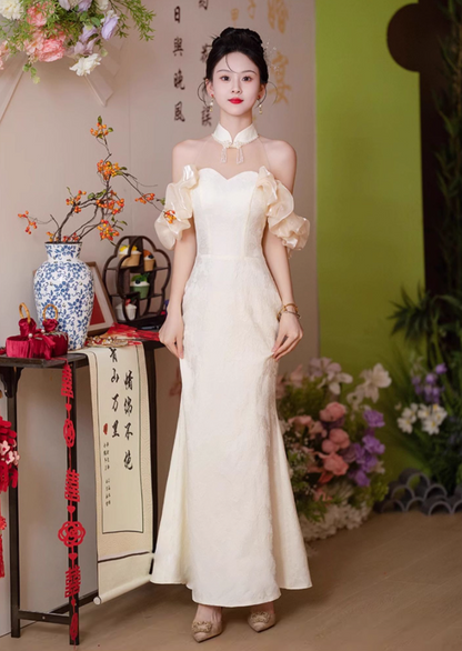 Socialite Style Tulle Splicing Off-Shoulder Evening Feast Strapless Bridesmaid Hugging Prom Dress AP0645