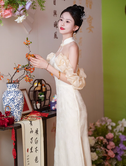 Socialite Style Tulle Splicing Off-Shoulder Evening Feast Strapless Bridesmaid Hugging Prom Dress AP0645