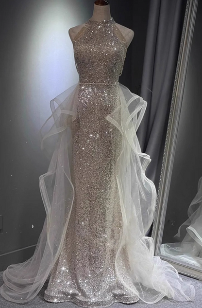 Tulle Splicing Socialite Style Evening Gown Sparkle Sequin Strapless Halter Prom Dress AP0646