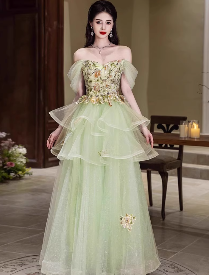 Forest-Inspired Off-Shoulder Embroidery Evening Gowns Cascade Tulle Hem A-line Prom Dress AP0647