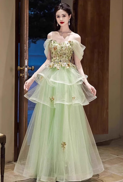 Forest-Inspired Off-Shoulder Embroidery Evening Gowns Cascade Tulle Hem A-line Prom Dress AP0647