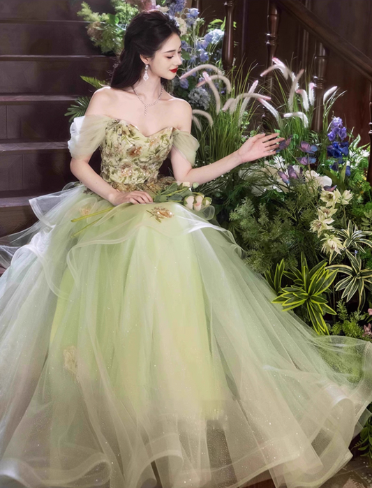 Forest-Inspired Off-Shoulder Embroidery Evening Gowns Cascade Tulle Hem A-line Prom Dress AP0647