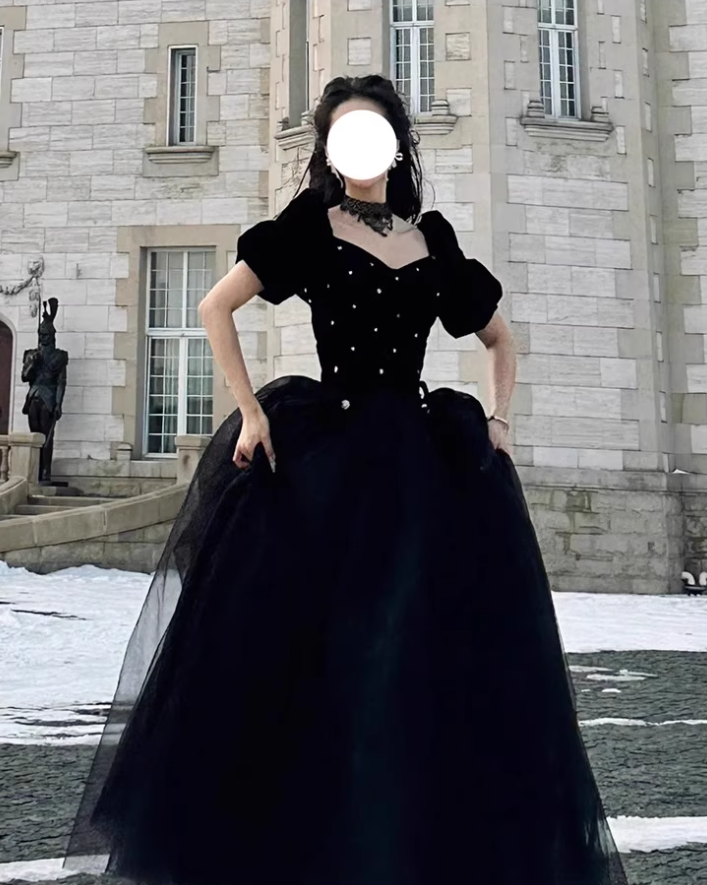 Puff Sleeve Luxury Niche Black Shimmering Rhinestone Chic A-line Prom Long Dress AP0648