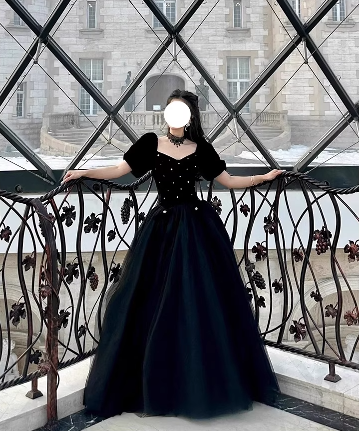 Puff Sleeve Luxury Niche Black Shimmering Rhinestone Chic A-line Prom Long Dress AP0648