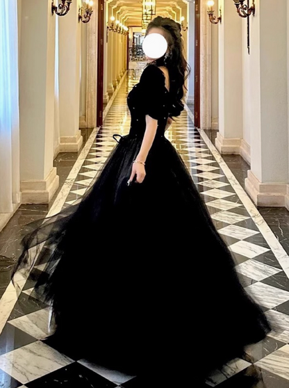 Puff Sleeve Luxury Niche Black Shimmering Rhinestone Chic A-line Prom Long Dress AP0648