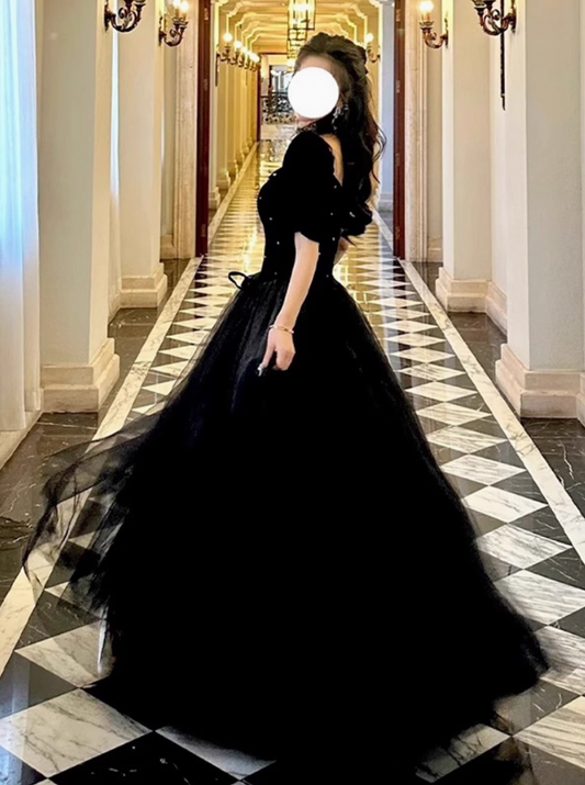 Puff Sleeve Luxury Niche Black Shimmering Rhinestone Chic A-line Prom Long Dress AP0648