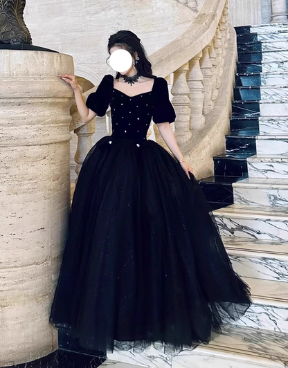 Puff Sleeve Luxury Niche Black Shimmering Rhinestone Chic A-line Prom Long Dress AP0648