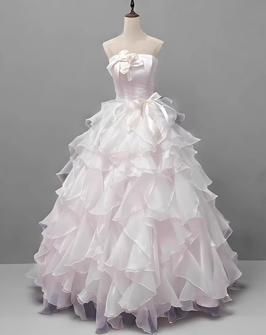 Pale Pink Ethereal Cascade Ruffles Tulle Splicing Princess Dress Chic A-line Prom Dress AP0649