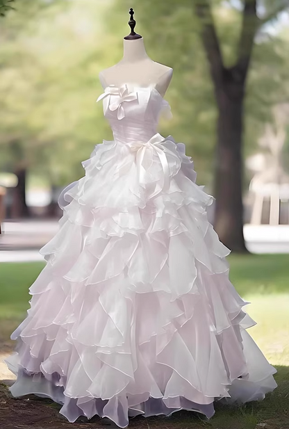 Pale Pink Ethereal Cascade Ruffles Tulle Splicing Princess Dress Chic A-line Prom Dress AP0649