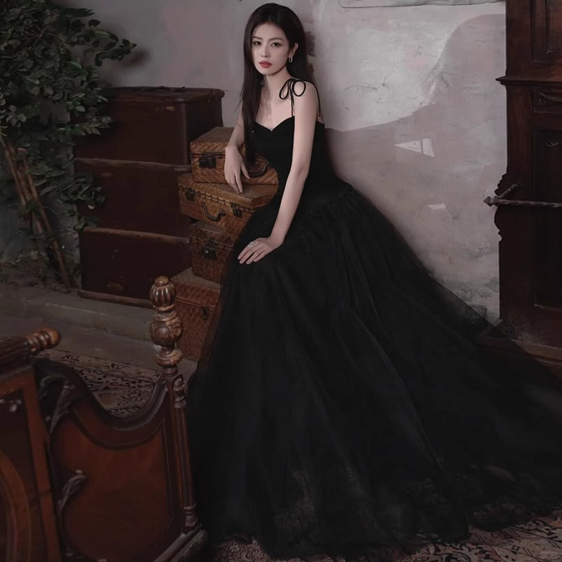 Graceful Spaghetti Strap Cascade Hem Mesh Princess Dress Tulle Splicing A-line Prom Dress AP0650