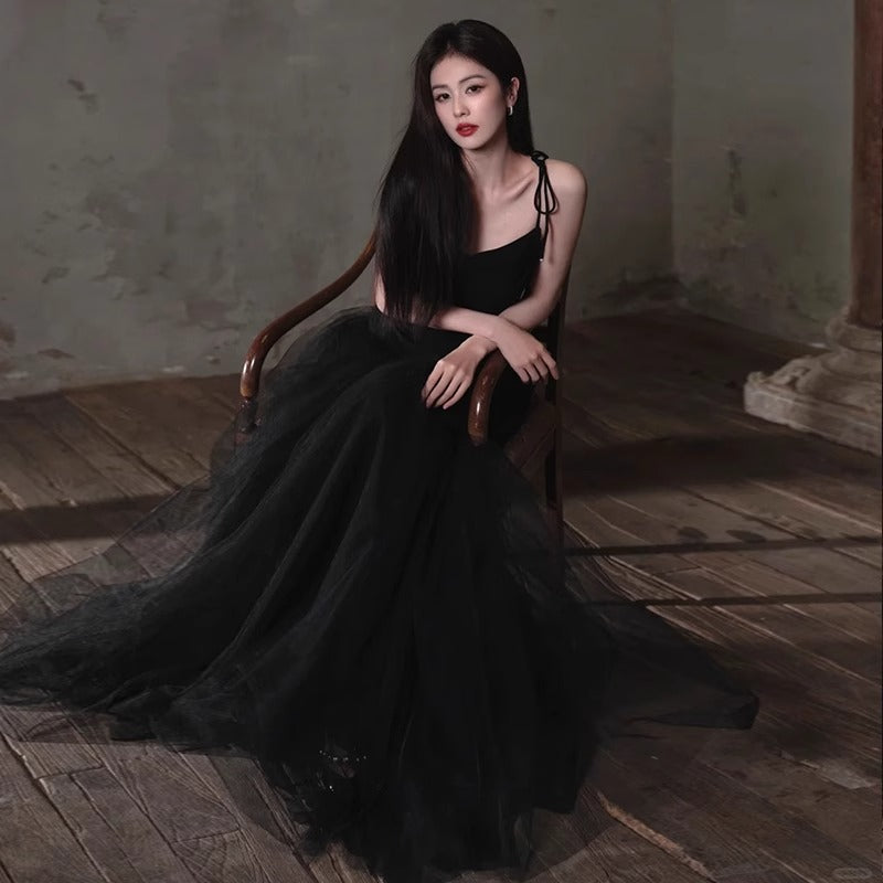 Graceful Spaghetti Strap Cascade Hem Mesh Princess Dress Tulle Splicing A-line Prom Dress AP0650