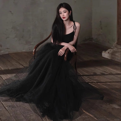 Graceful Spaghetti Strap Cascade Hem Mesh Princess Dress Tulle Splicing A-line Prom Dress AP0650