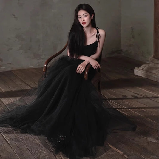 Graceful Spaghetti Strap Cascade Hem Mesh Princess Dress Tulle Splicing A-line Prom Dress AP0650