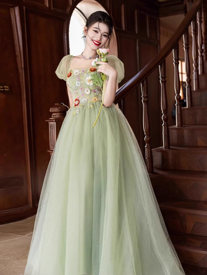 Luxury Sequins Cascade Tulle Hem Puff Sleeve Chic Embroidery A-line Prom Long Dress AP0651