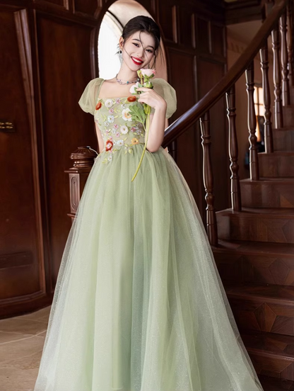 Luxury Sequins Cascade Tulle Hem Puff Sleeve Chic Embroidery A-line Prom Long Dress AP0651