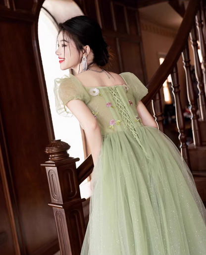 Luxury Sequins Cascade Tulle Hem Puff Sleeve Chic Embroidery A-line Prom Long Dress AP0651