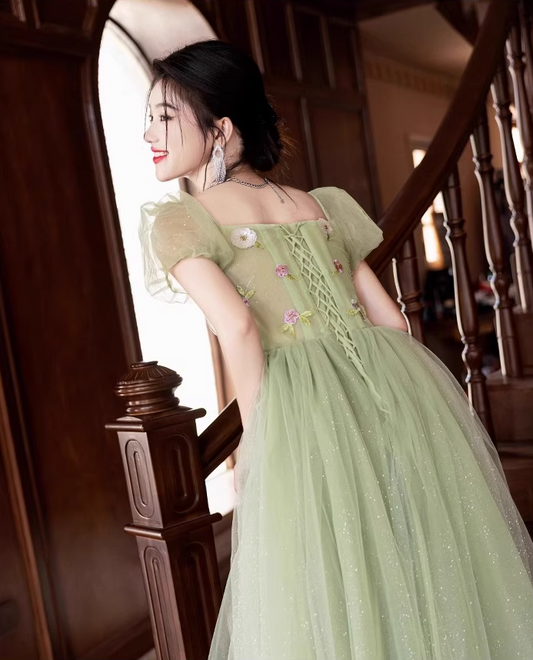 Luxury Sequins Cascade Tulle Hem Puff Sleeve Chic Embroidery A-line Prom Long Dress AP0651