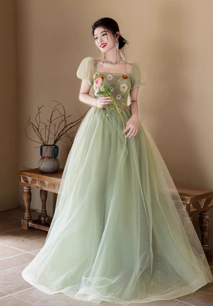 Luxury Sequins Cascade Tulle Hem Puff Sleeve Chic Embroidery A-line Prom Long Dress AP0651