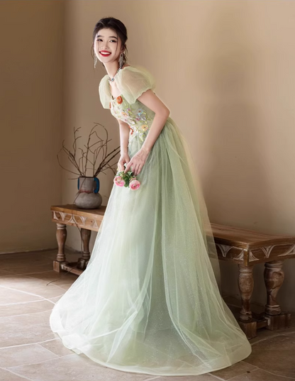 Luxury Sequins Cascade Tulle Hem Puff Sleeve Chic Embroidery A-line Prom Long Dress AP0651