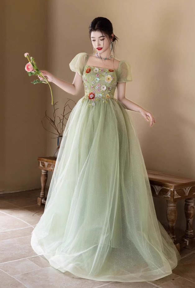 Luxury Sequins Cascade Tulle Hem Puff Sleeve Chic Embroidery A-line Prom Long Dress AP0651