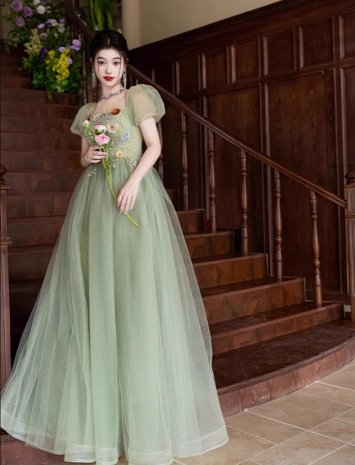 Luxury Sequins Cascade Tulle Hem Puff Sleeve Chic Embroidery A-line Prom Long Dress AP0651