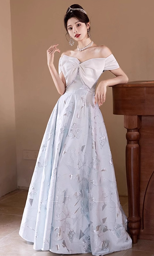 Off-Shoulder Bow-Knot Beading Evening Gowns Backless Sheen Fabric A-line Prom Dress AP0652