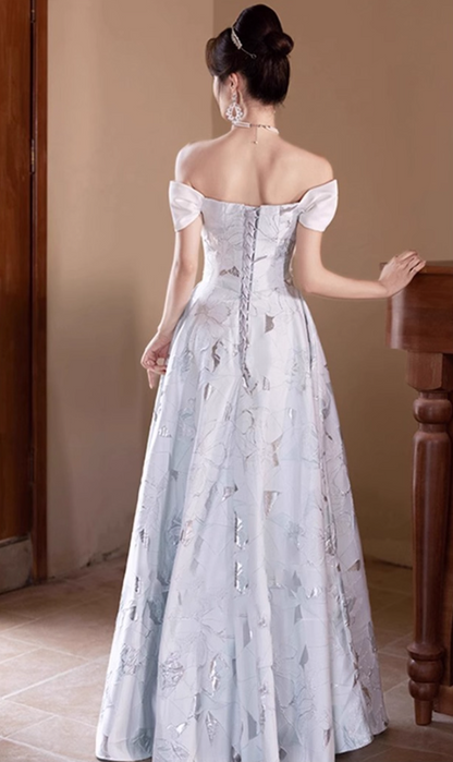 Off-Shoulder Bow-Knot Beading Evening Gowns Backless Sheen Fabric A-line Prom Dress AP0652