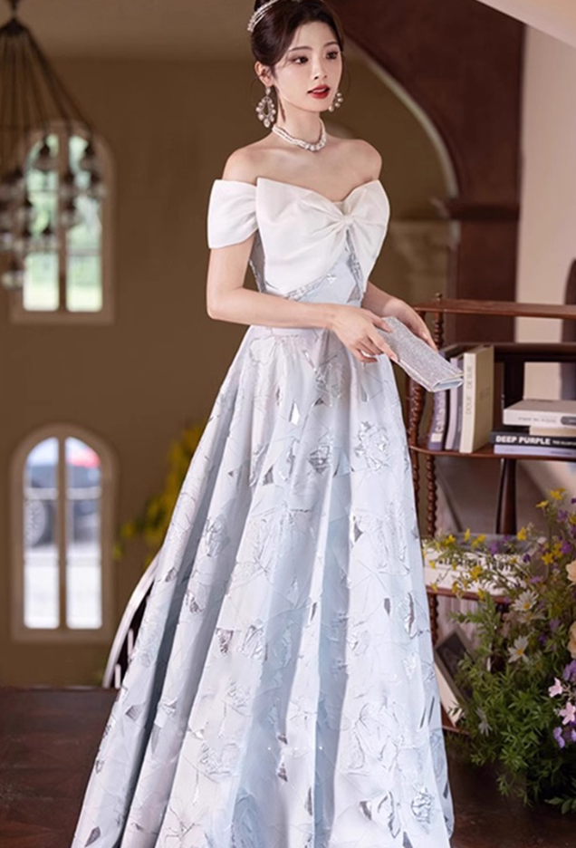 Off-Shoulder Bow-Knot Beading Evening Gowns Backless Sheen Fabric A-line Prom Dress AP0652