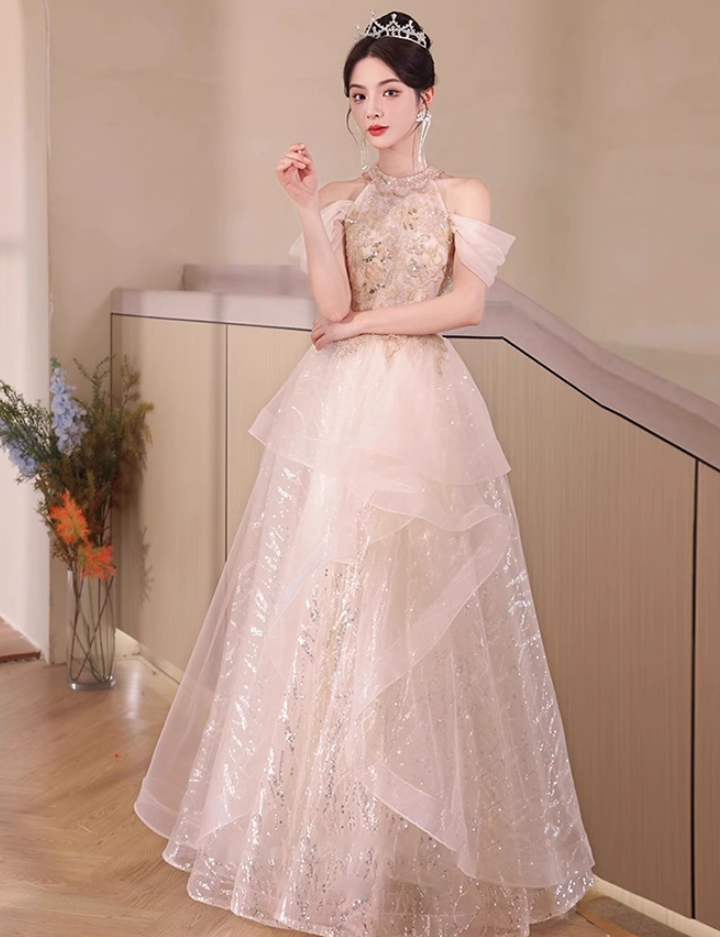 Off-Shoulder Ruffles Tulle Splicing Socialite Feast Sequins Glow Host Halter Prom Dress AP0653