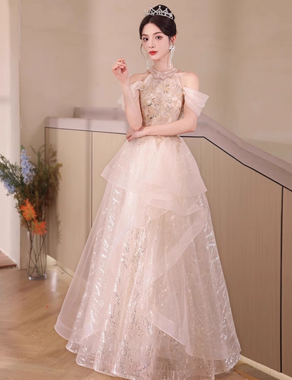 Off-Shoulder Ruffles Tulle Splicing Socialite Feast Sequins Glow Host Halter Prom Dress AP0653