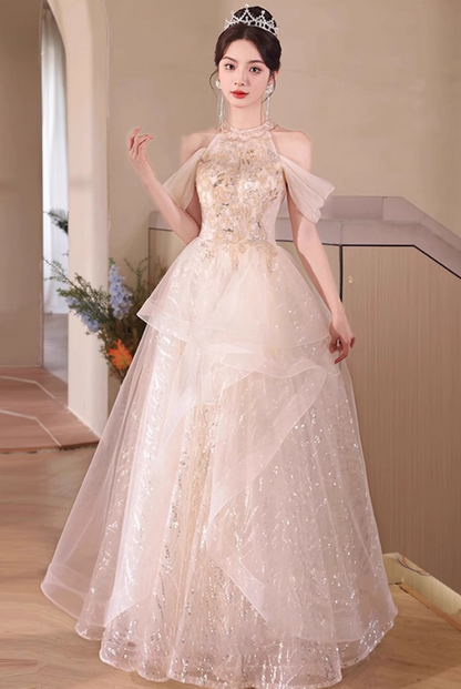Off-Shoulder Ruffles Tulle Splicing Socialite Feast Sequins Glow Host Halter Prom Dress AP0653