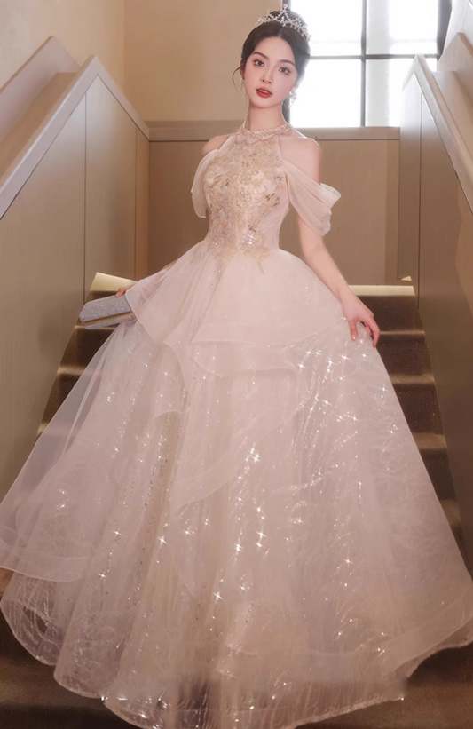 Glittering Off-Shoulder Evening Gowns Ruffles Tulle Sequins A-Line Prom Dress AP0653
