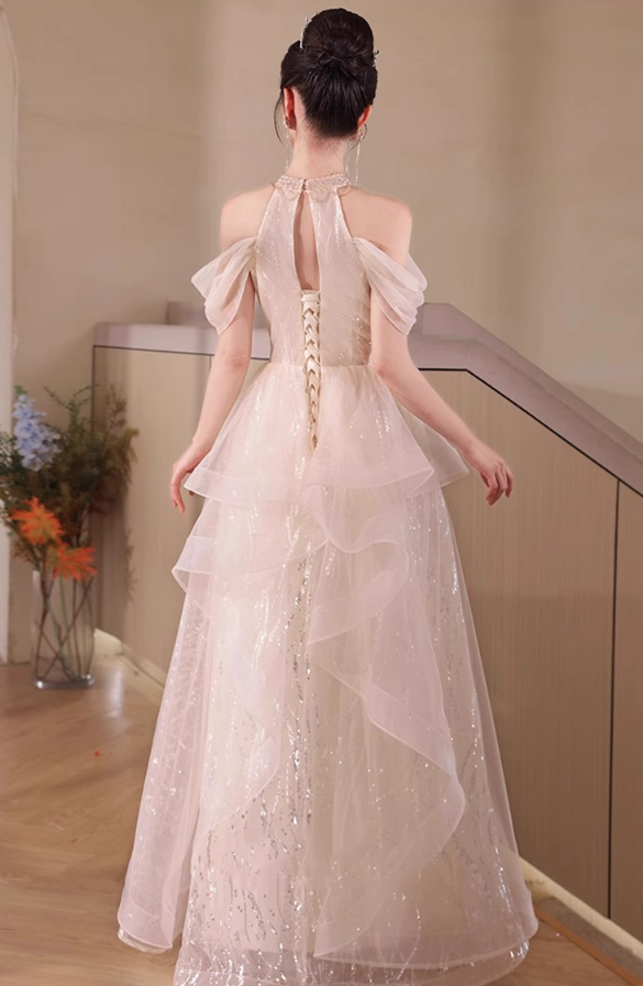 Off-Shoulder Ruffles Tulle Splicing Socialite Feast Sequins Glow Host Halter Prom Dress AP0653