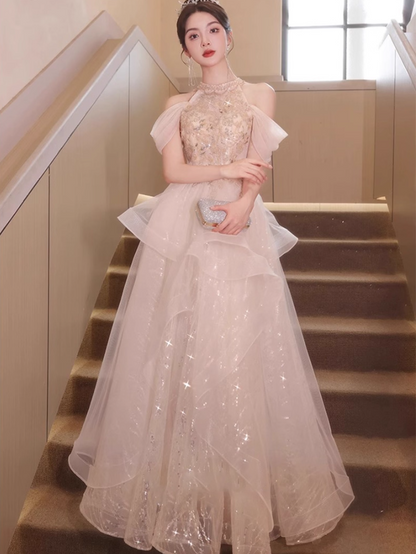 Off-Shoulder Ruffles Tulle Splicing Socialite Feast Sequins Glow Host Halter Prom Dress AP0653