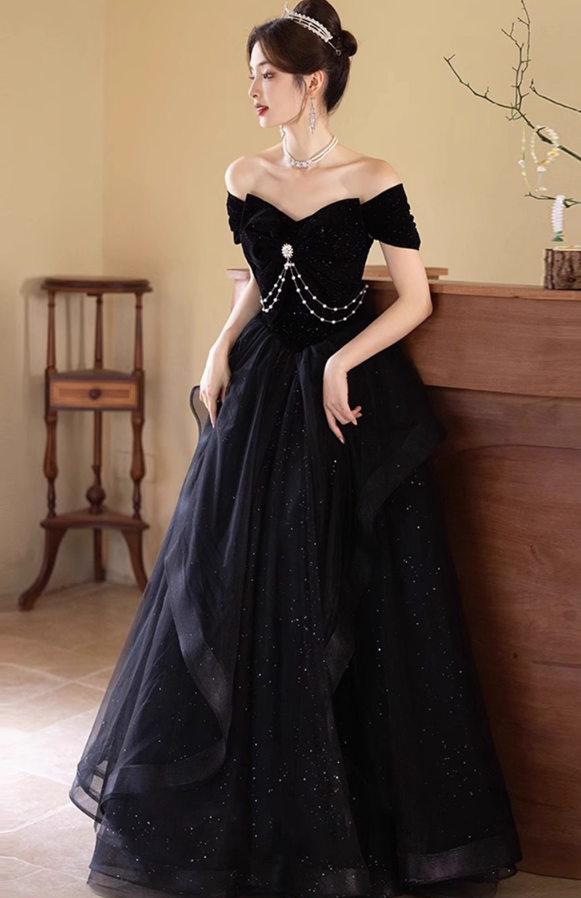 Vogue Off-Shoulder Bow-Knot Beading Evening Glitter Sequins A-line Prom Dress AP0654