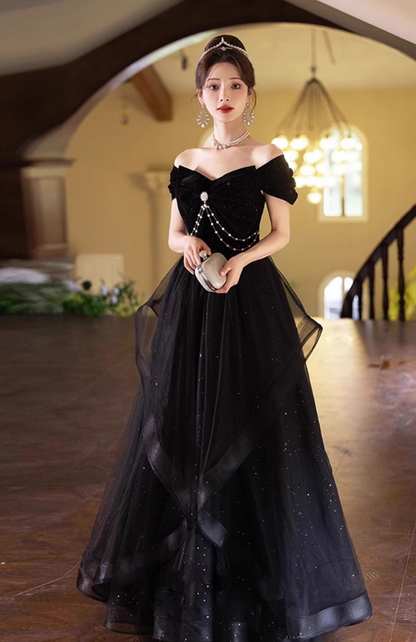 Vogue Off-Shoulder Bow-Knot Beading Evening Glitter Sequins A-line Prom Dress AP0654