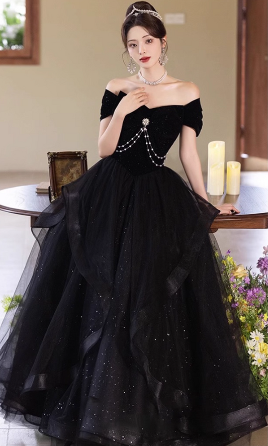 Vogue Off-Shoulder Bow-Knot Beading Evening Glitter Sequins A-line Prom Dress AP0654