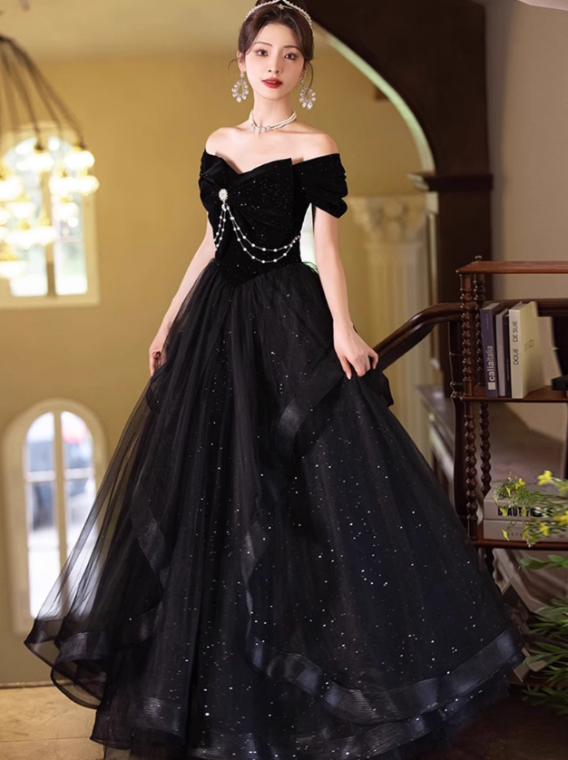 Vogue Off-Shoulder Bow-Knot Beading Evening Glitter Sequins A-line Prom Dress AP0654