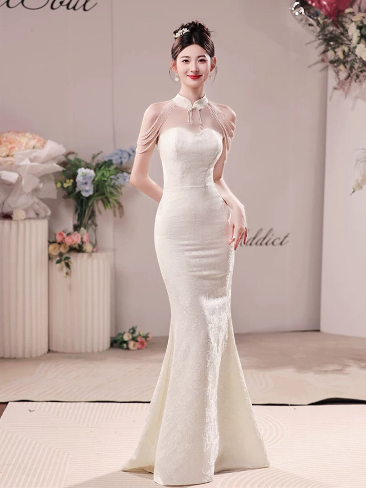 Jewel Neck Tulle Splicing Beading Off-Shoulder Evening Mermaid Strapless Hugging Prom Dress AP0655