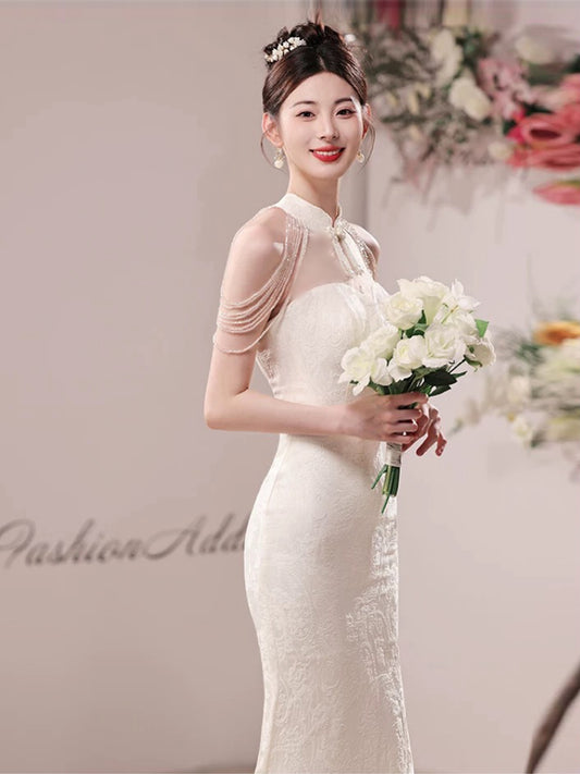 Jewel Neck Tulle Splicing Beading Off-Shoulder Evening Mermaid Strapless Hugging Prom Dress AP0655