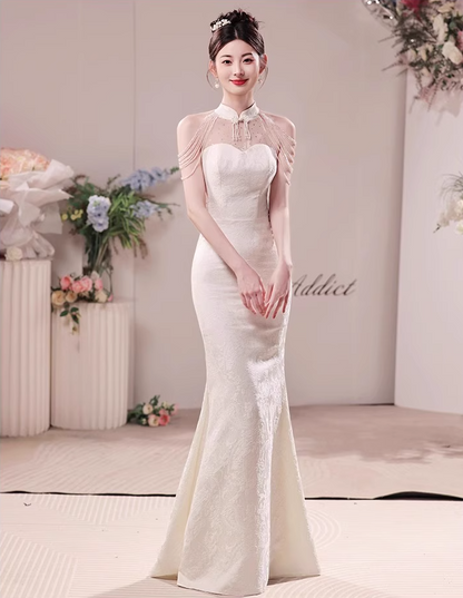 Jewel Neck Tulle Splicing Beading Off-Shoulder Evening Mermaid Strapless Hugging Prom Dress AP0655