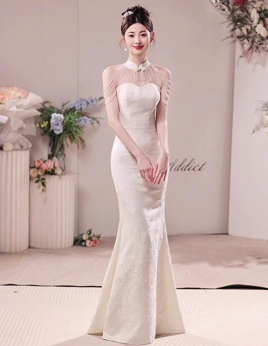 Jewel Neck Tulle Splicing Beading Off-Shoulder Evening Mermaid Strapless Hugging Prom Dress AP0655